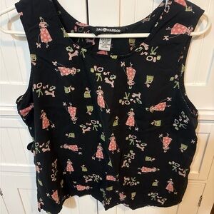 Feminine Summer Flowy Sag Harbor Black Silk  Top with Pink and Green Pattern